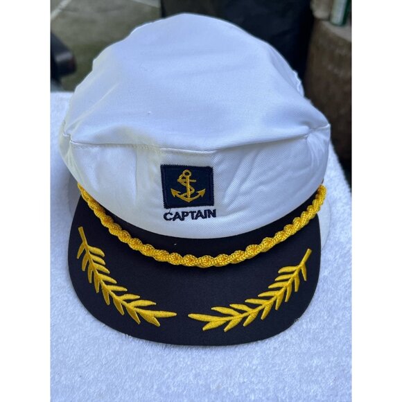 Captains Hat Adjustable Snapback White & Black With Gold Embroidery Nautical The - Picture 1 of 3